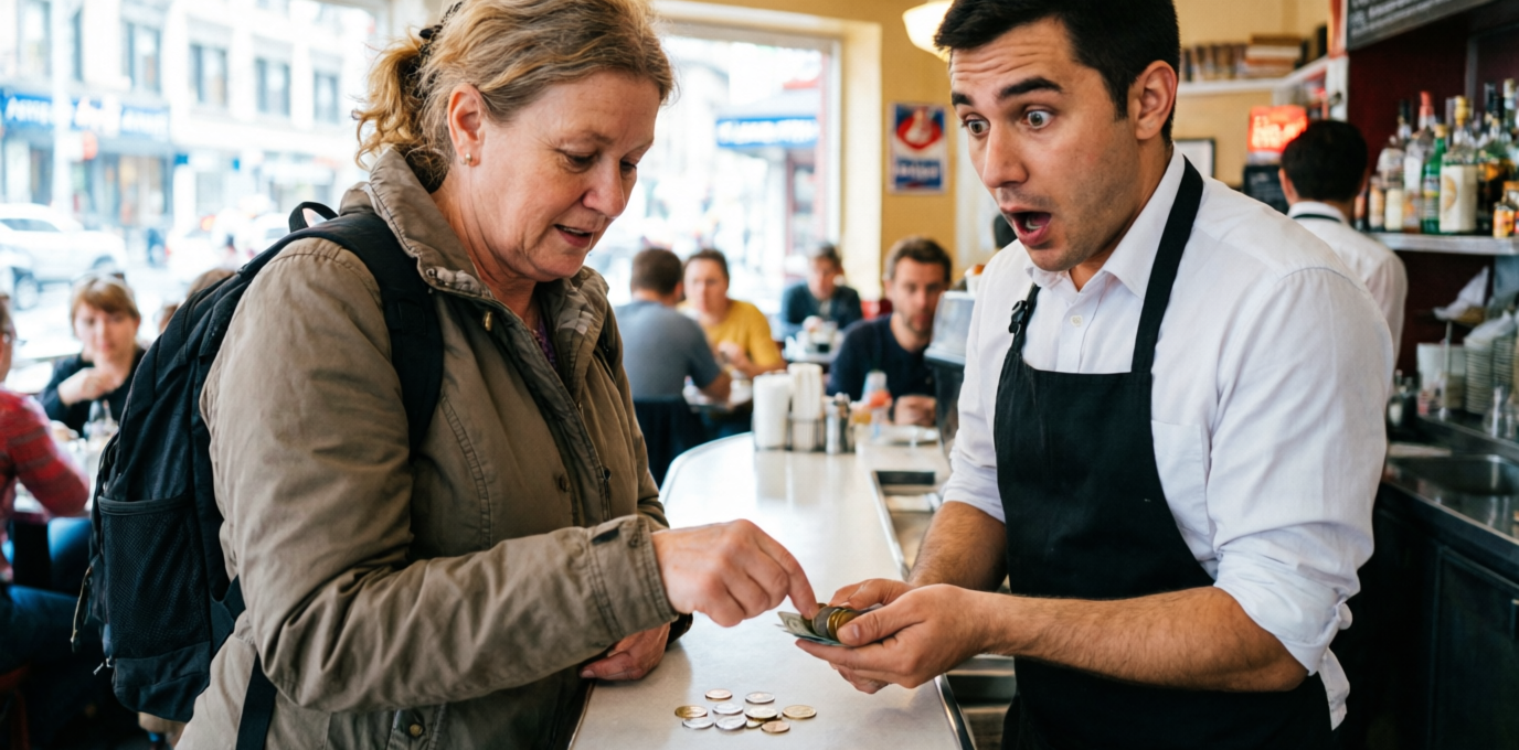 Туристка оставляет маленькие чаевые в кафе