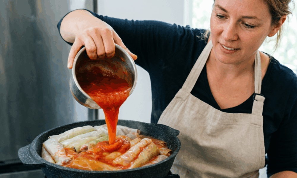 Домохозяйка готовит блюдо из капусты и фарша