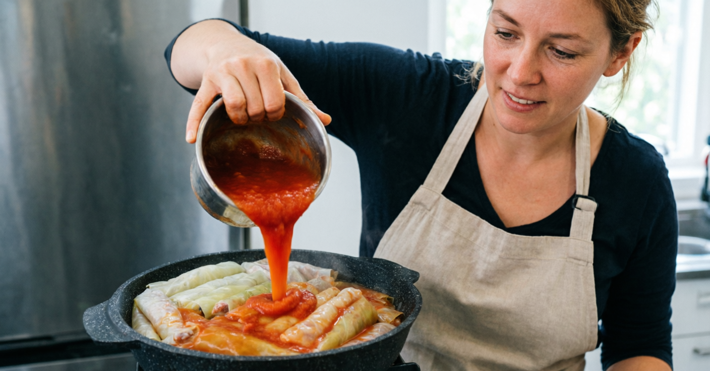 Домохозяйка готовит блюдо из капусты и фарша