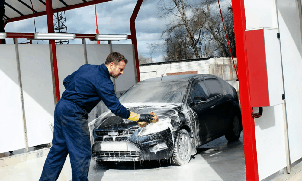 Водитель моет машину