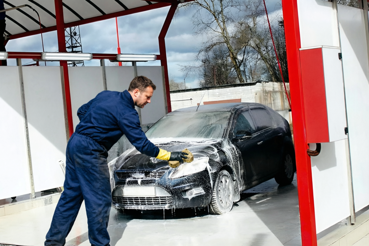 Водитель моет машину