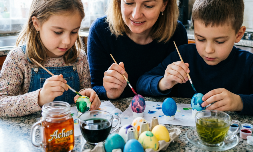Семья красит пасхальные яйца чаями
