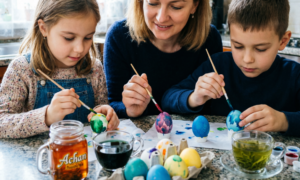 Семья красит пасхальные яйца чаями