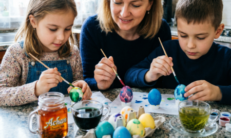 Семья красит пасхальные яйца чаями