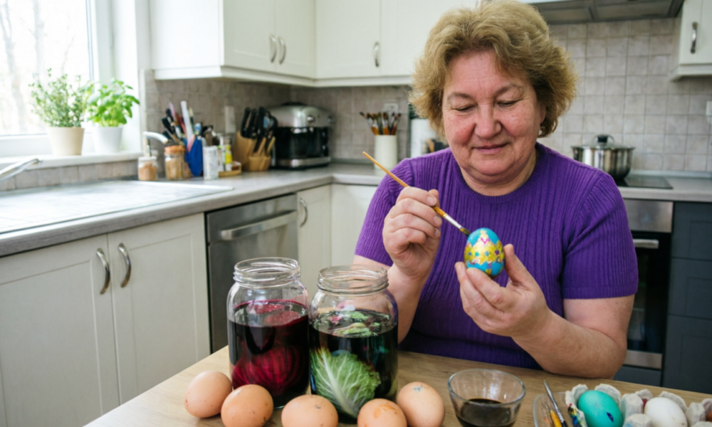 Женщина красит яйца к Пасхе