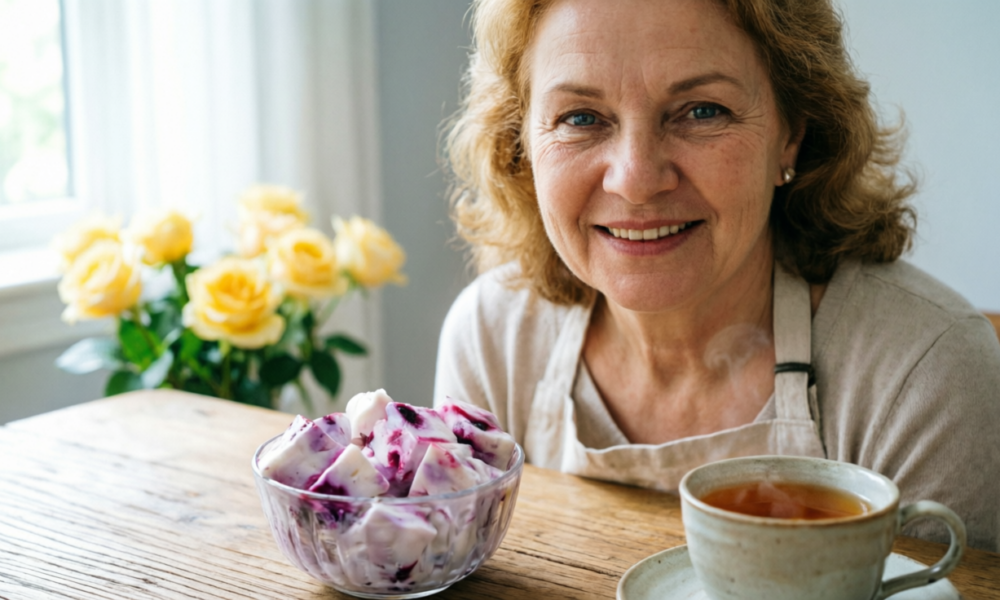 Домохозяйка пьёт чай с мармеладом из молока