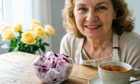 Домохозяйка пьёт чай с мармеладом из молока