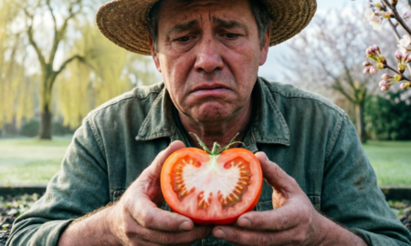 Фермер держит помидор с белыми прожилками