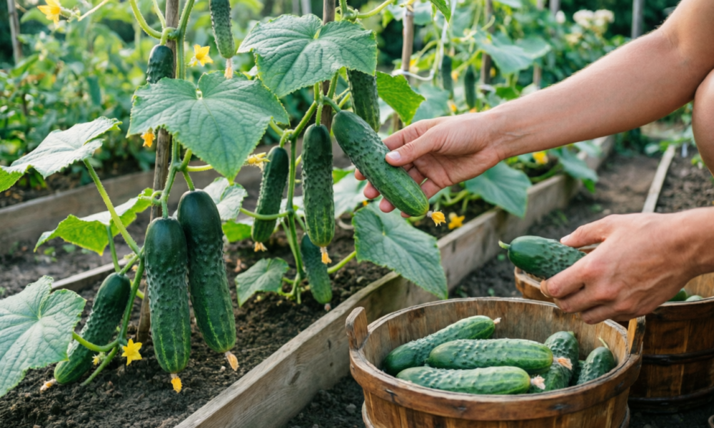 Уборка спелых огурцов