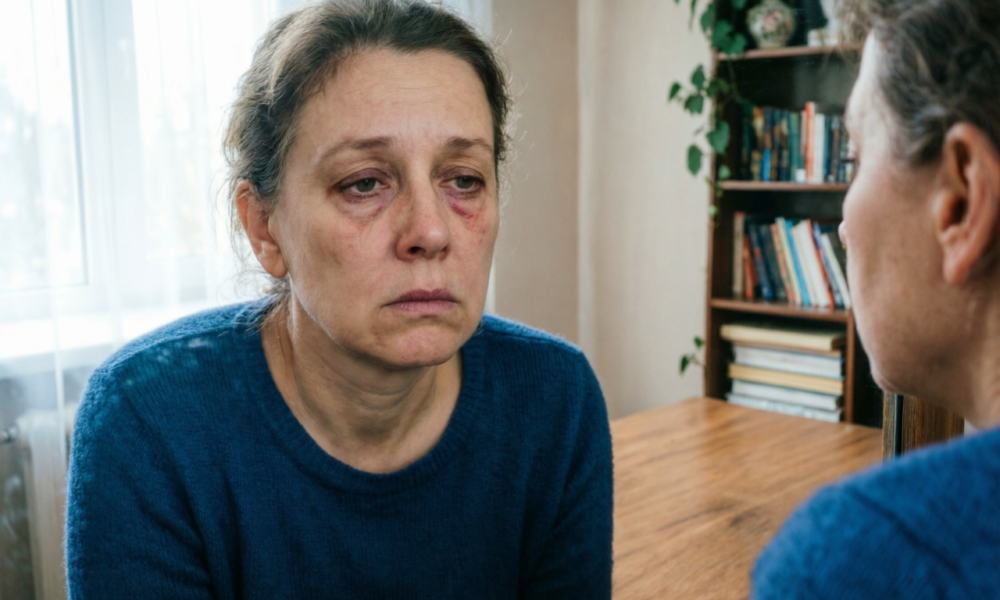 Уставшая женщина смотрит в зеркало