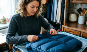 Девушка упаковывает пуховик