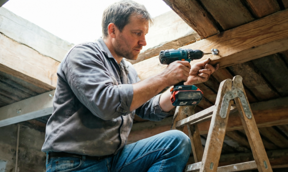 Мужчина крепит балку