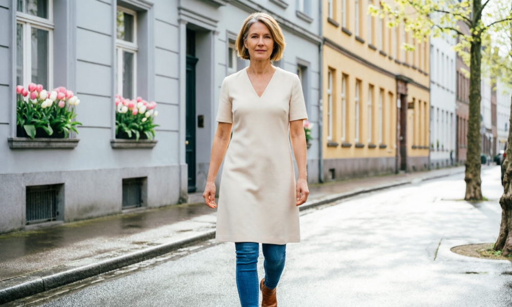 Модная женщина в платье поверх брюк