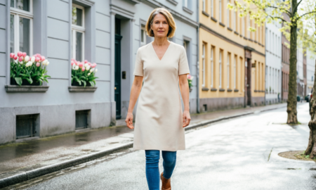 Модная женщина в платье поверх брюк