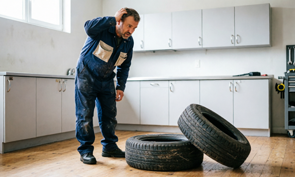 Мужчина сравнивает шины