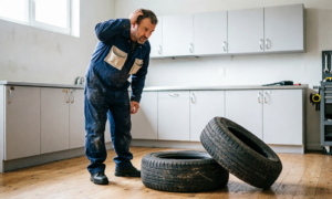 Мужчина сравнивает шины