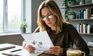 Женщина в очках смотрит документы