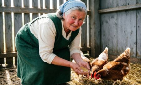 Бабушка ухаживает за курами