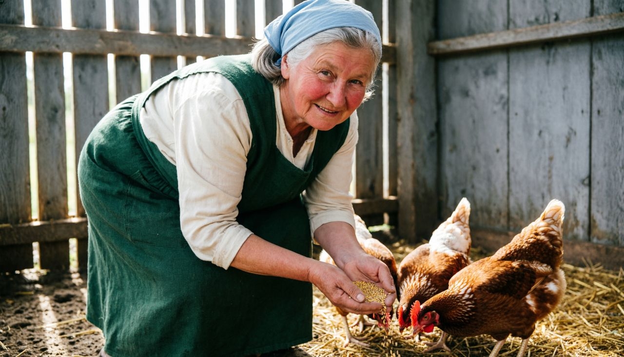 Бабушка ухаживает за курами