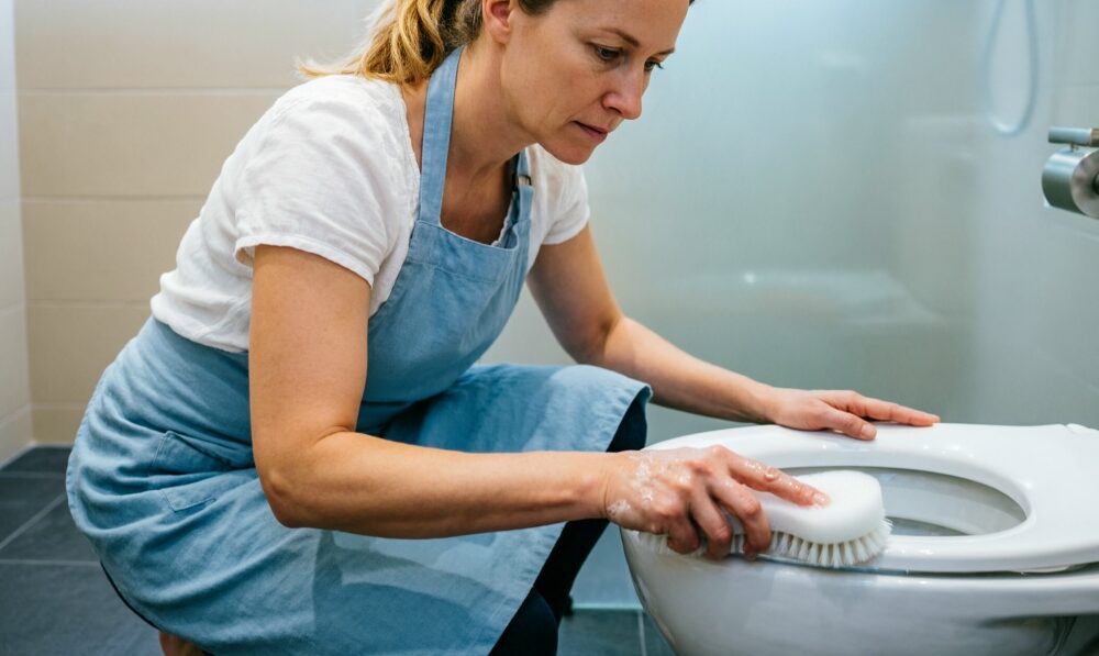 Женщина моет унитаз