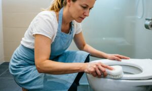 Женщина моет унитаз