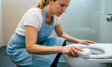 Женщина моет унитаз
