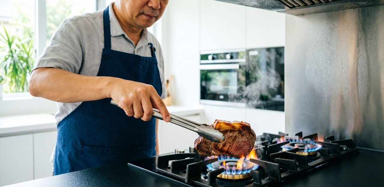 Мужчина жарит мясо