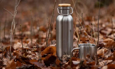 Термос среди листьев
