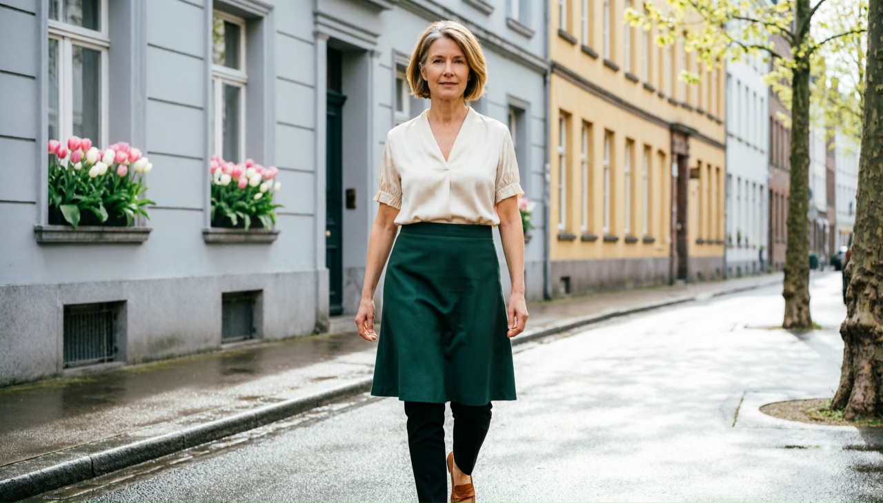 Женщина в юбке, надетой поверх брюк