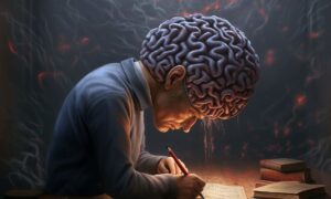 Мужчина пишет на листе бумаги