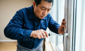 Мужчина чинит ручку окна
