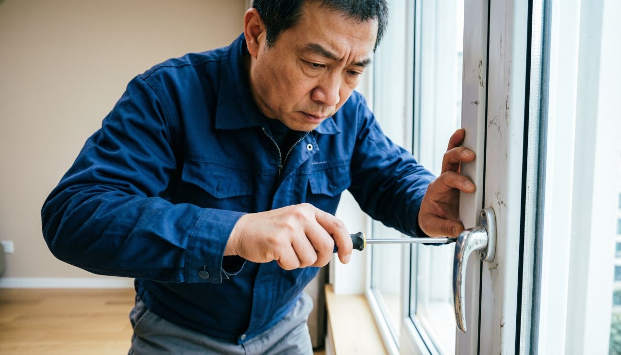 Мужчина чинит ручку окна