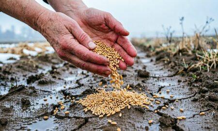 Фермер удобряет огород крупой