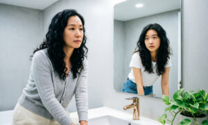 Женщина видит в зеркале свою молодую версию