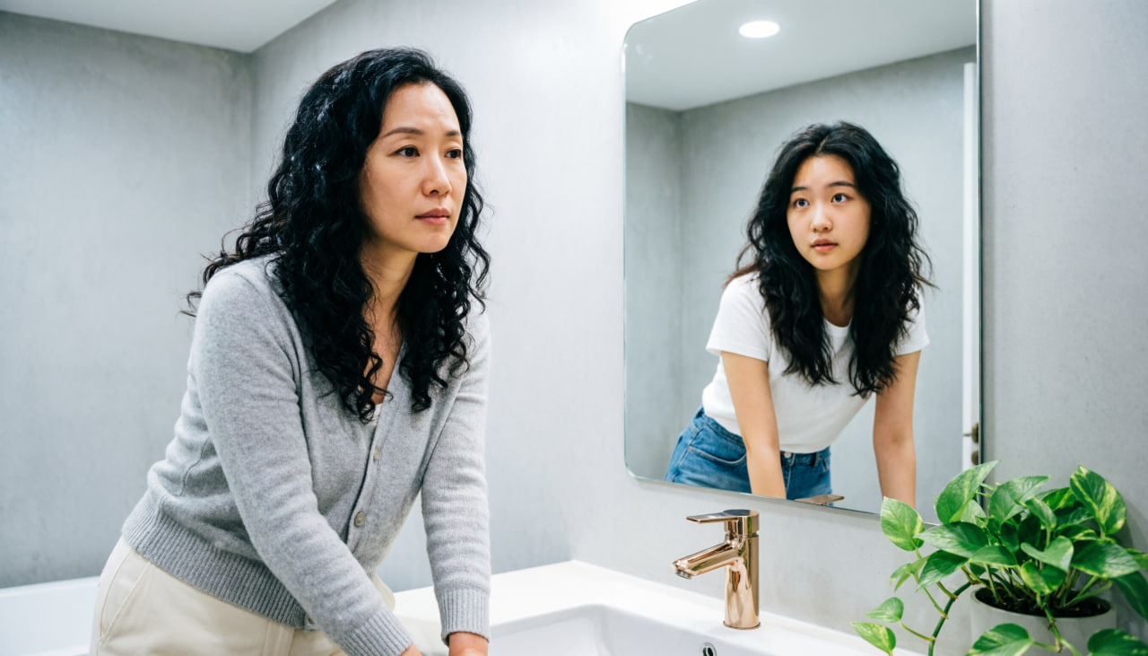 Женщина видит в зеркале свою молодую версию