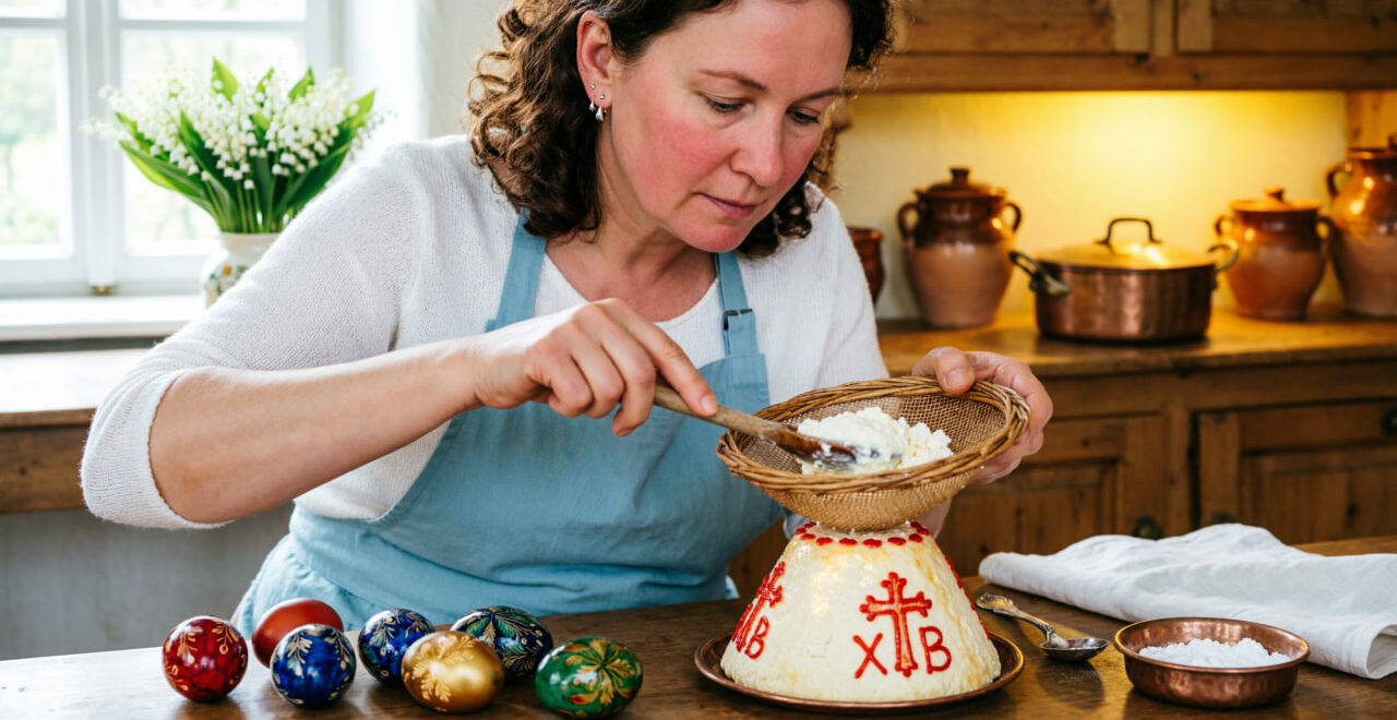 Домохозяйка готовит творожную пасху