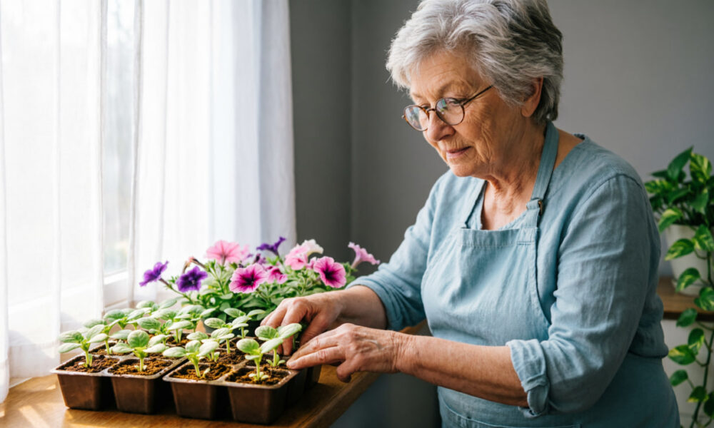 Дачница выращивает рассаду петуний