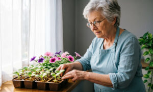 Дачница выращивает рассаду петуний