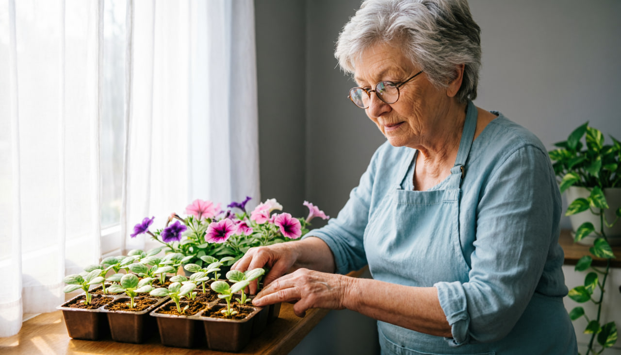 Дачница выращивает рассаду петуний