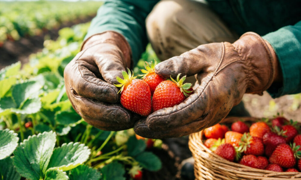 Фермер собирает клубнику