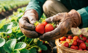 Фермер собирает клубнику