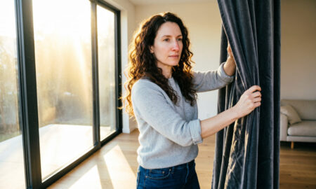 Женщина меняет шторы