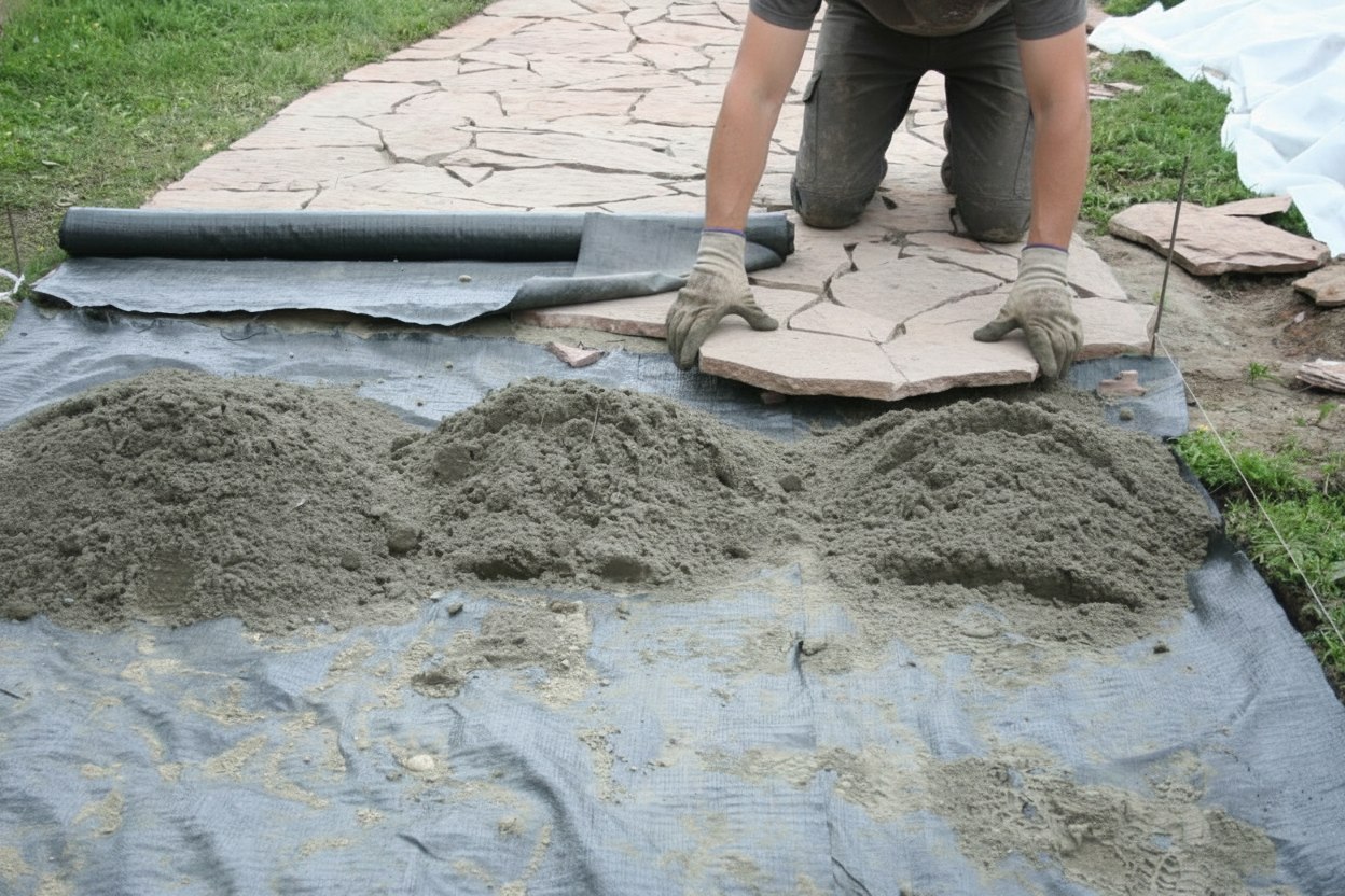 Рабочий укладывает садовую дорожку