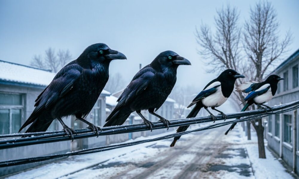 Вороны и сороки сидят на проводах