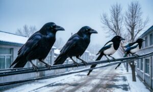 Вороны и сороки сидят на проводах