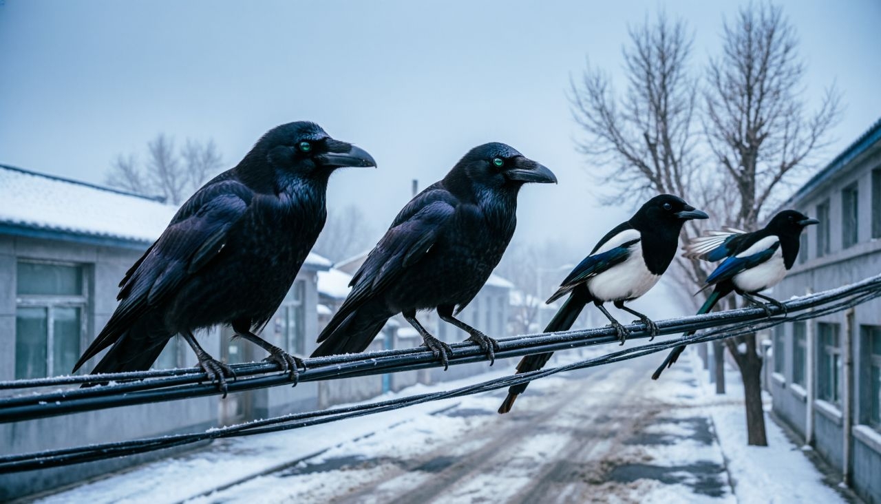 Вороны и сороки сидят на проводах