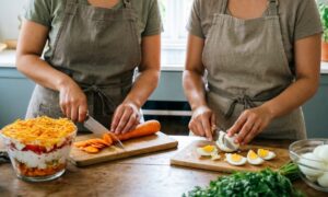 Женщины делают праздничный салат