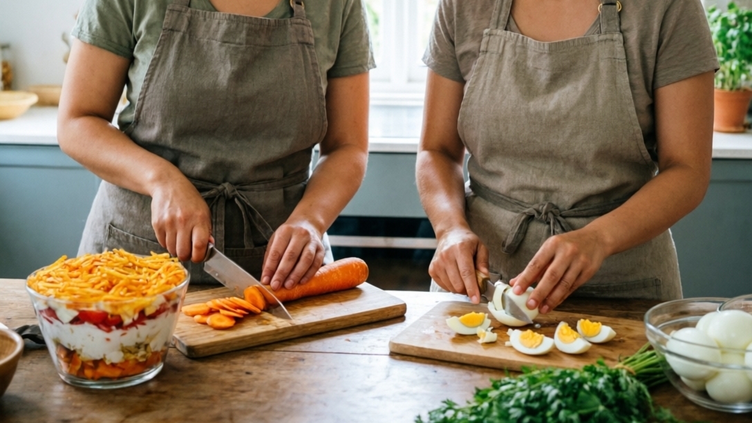 Женщины делают праздничный салат