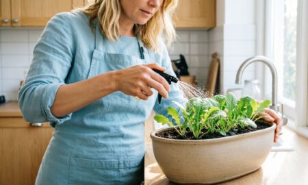 Женщина выращивает кресс-салат