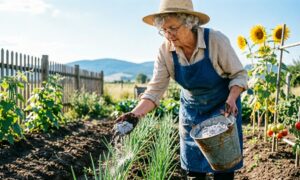 Фермер удобряет лук золой